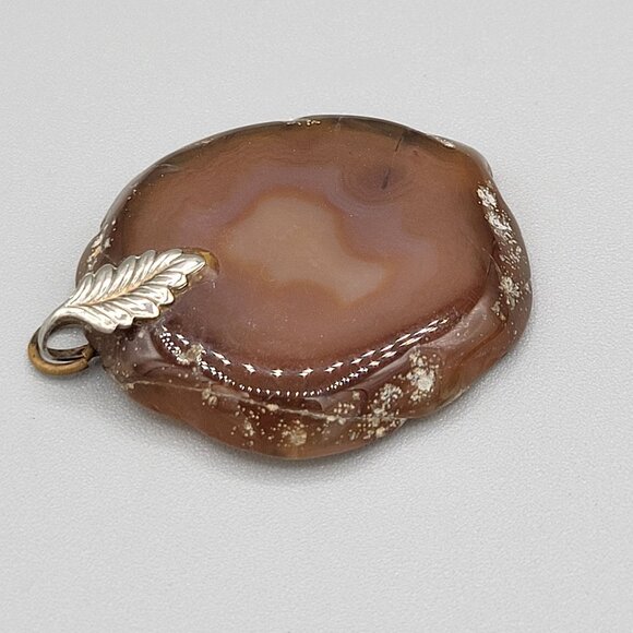 Large Brown Agate Slice Pendant Natural Pattern Silver Tone Necklace Craft - Picture 4 of 7